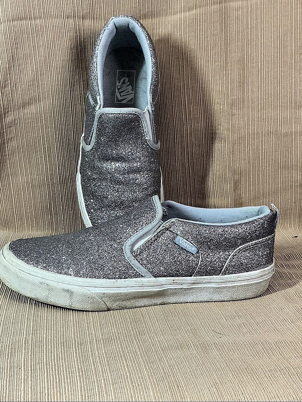 Vans Classic Slip-On Glitter Pewter Silver Glitter Slip-On Sneakers in Gray